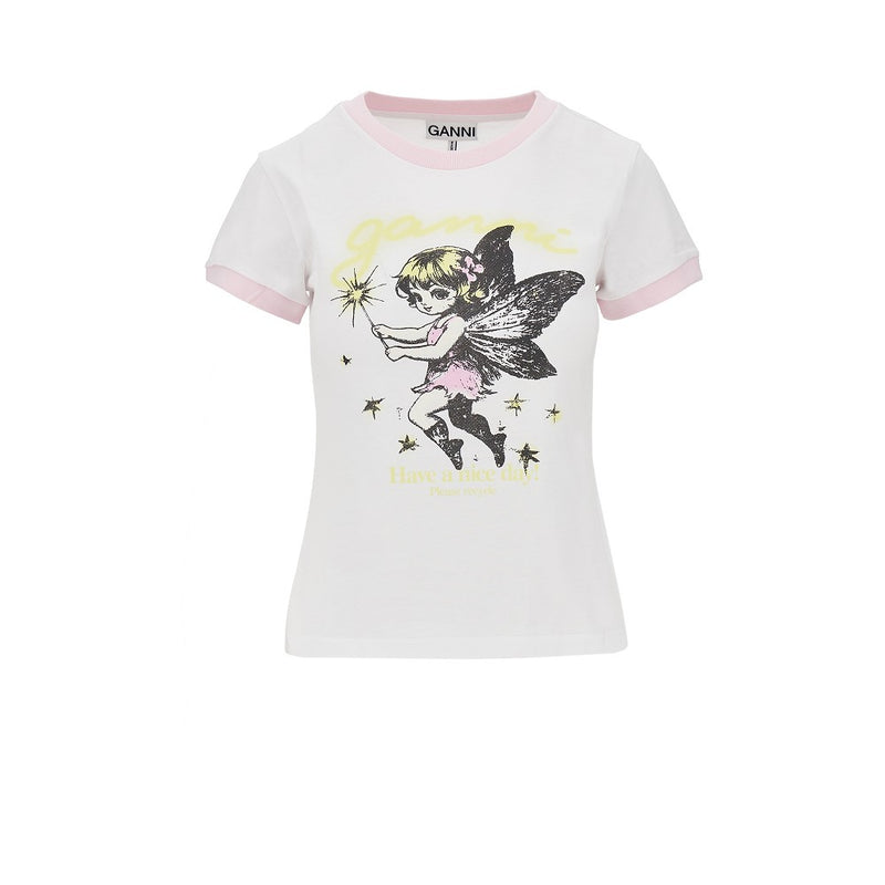 Ganni Ganni Cotton T-shirt with Logo Print White - World Class Fashion