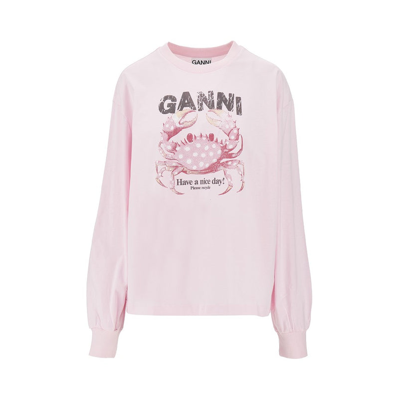 Ganni Ganni Jersey T-shirt with 'Crab' Print Pink - World Class Fashion