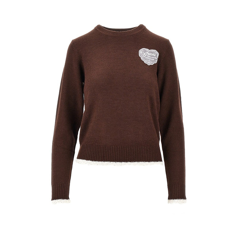 Ganni Ganni Knitted Sweater with Lace Logo Brown - World Class Fashion