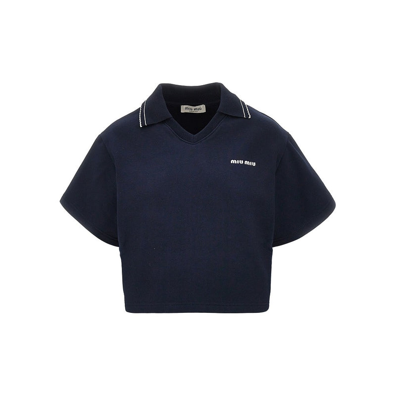 Miu Miu Miu Miu Cropped Sweatshirt with Collar Blue - World Class Fashion