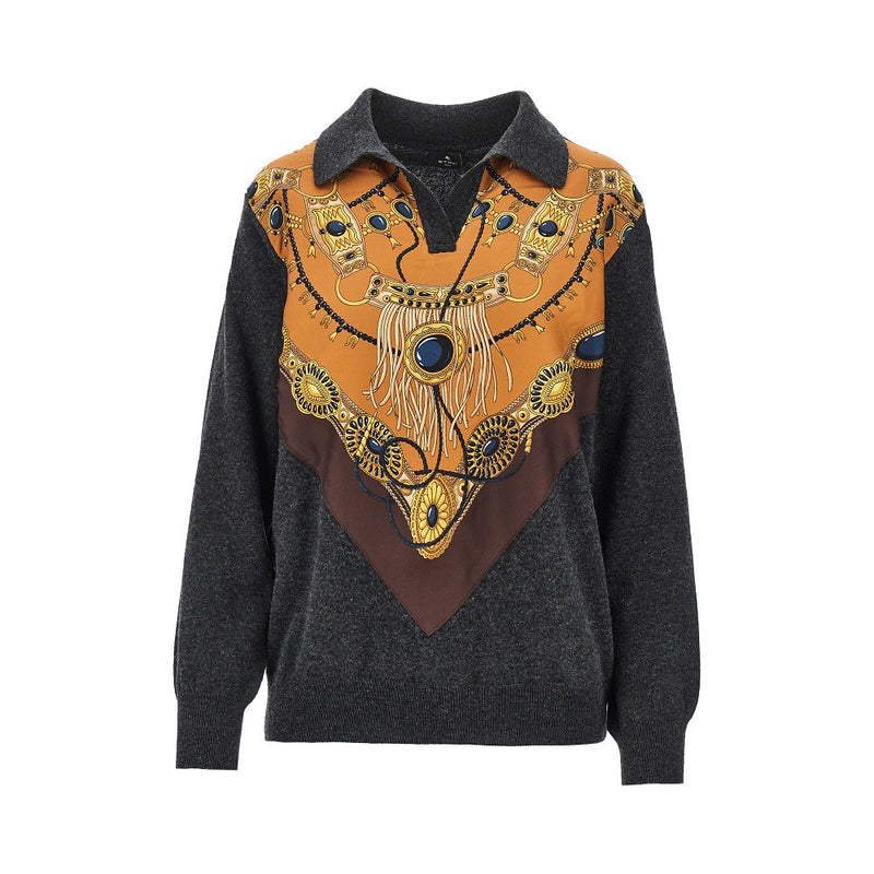 Etro Etro Wool Sweater with Printed Silk Intarsia Grey - World Class Fashion