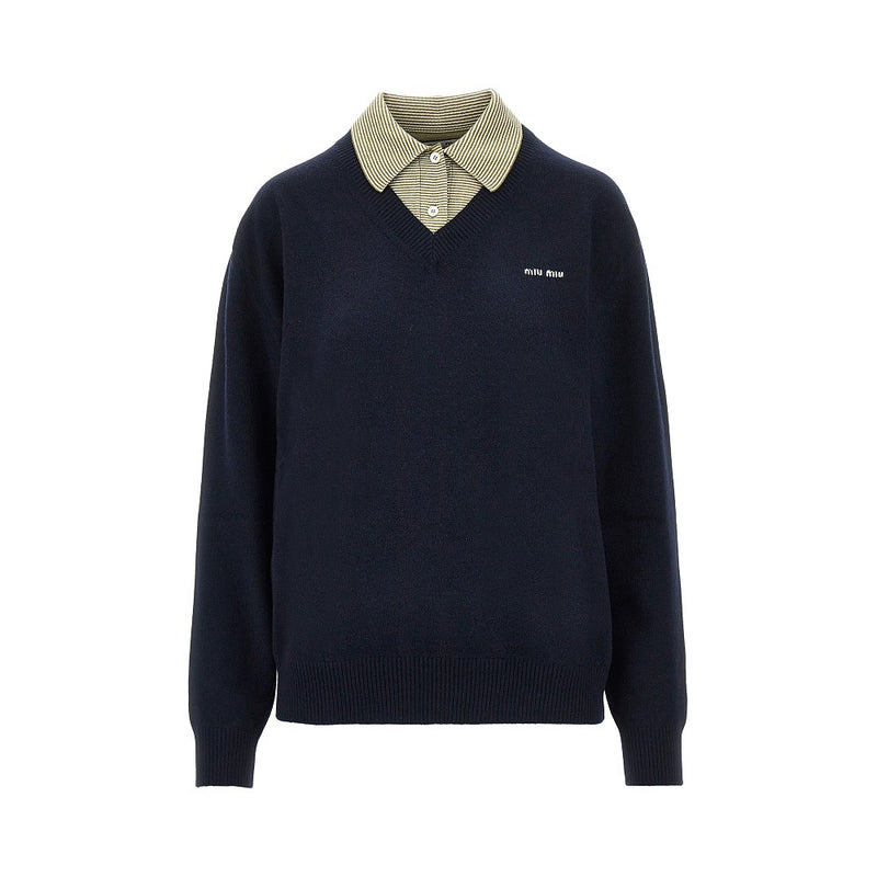Miu Miu Miu Miu Layering Effect Wool Cashmere Sweater Blue - World Class Fashion