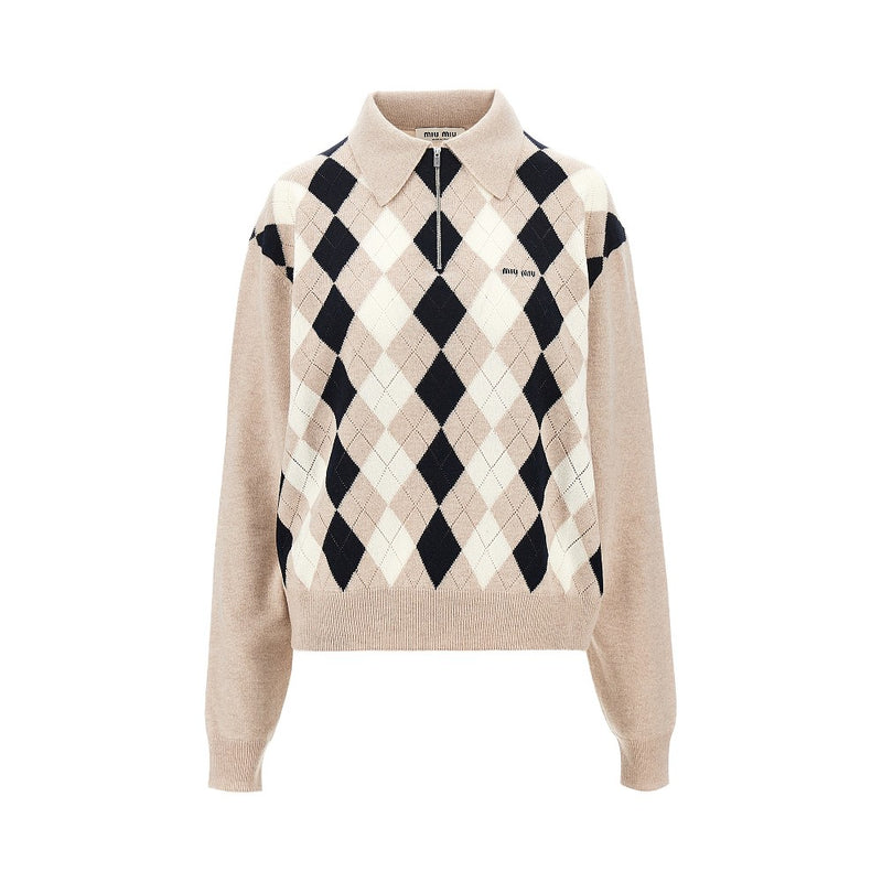 Miu Miu Miu Miu Argyle Cashmere Polo Sweater Beige - World Class Fashion