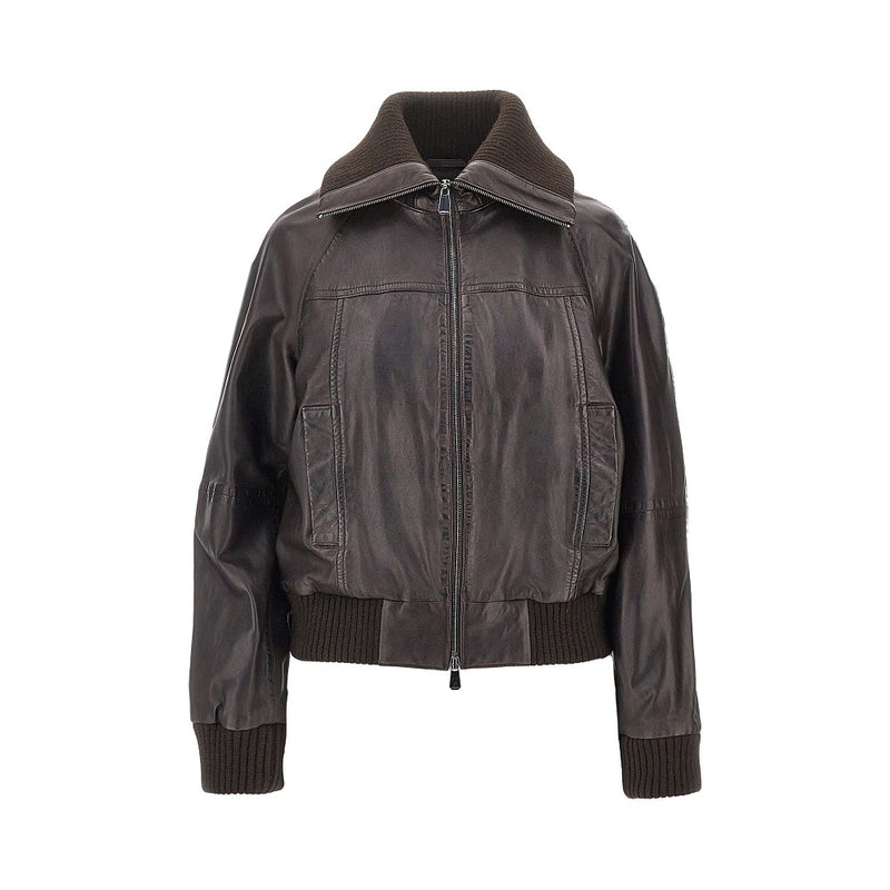 Pinko Pinko Washed Leather Bomber Jacket Brown - World Class Fashion
