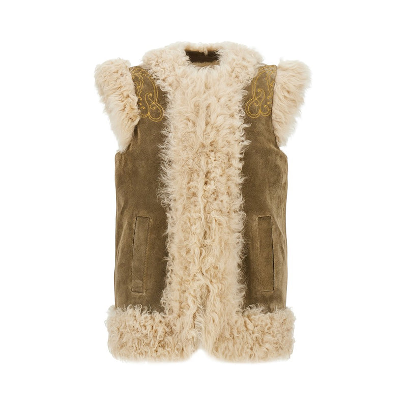Etro Etro Leather Gilet with Paisley Embroidery Khaki - World Class Fashion