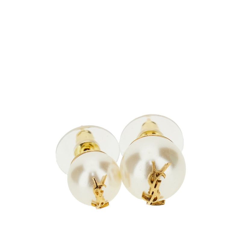 Saint Laurent Saint Laurent Asymmetrical Pearls Earrings With Logo - World Class Fashion