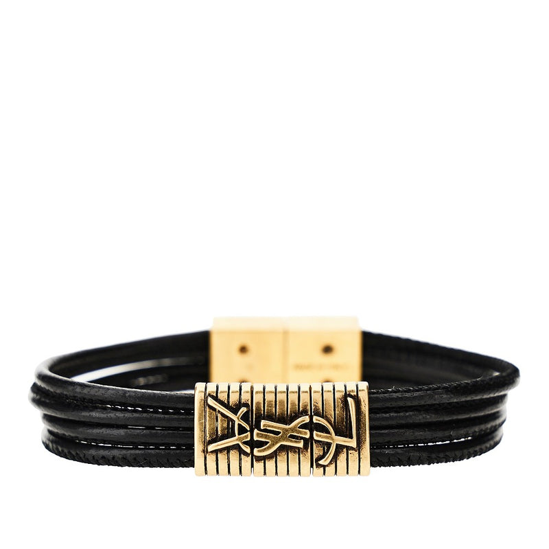 Saint Laurent Saint Laurent Cassandre Plate Leather Bracelet Black - World Class Fashion