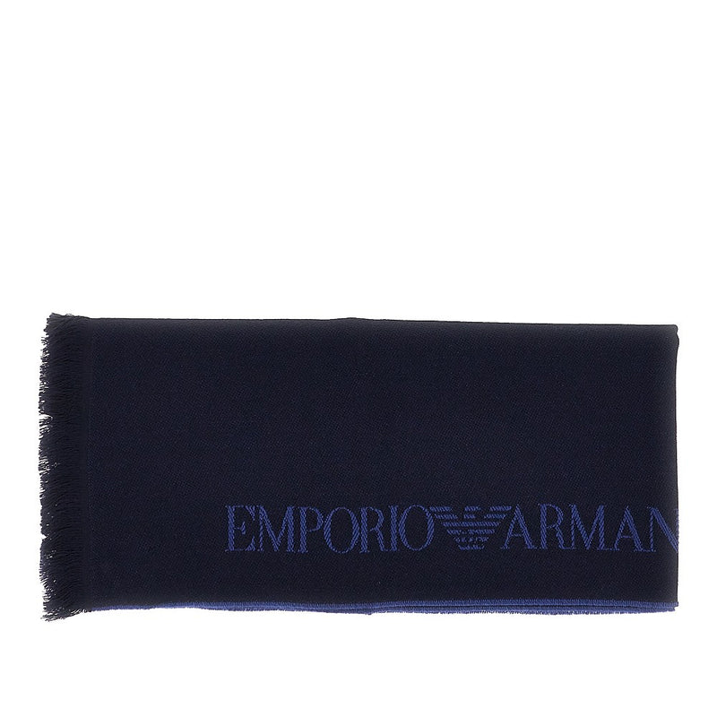 Emporio Armani Emporio Armani Jacquard Logo Wool Scarf Blue - World Class Fashion