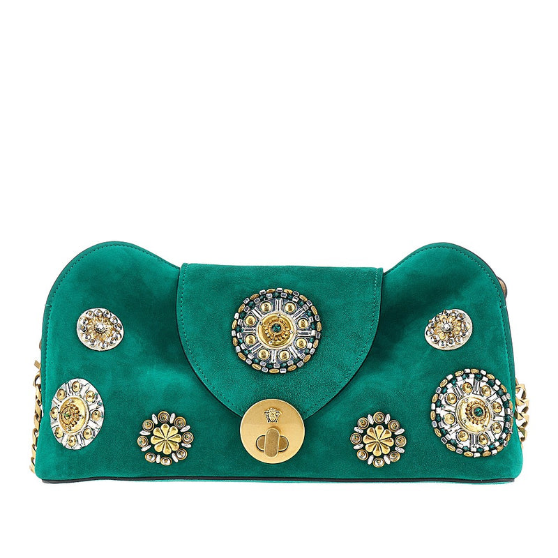 Versace Versace Vivian Embroidered Suede Clutch Green - World Class Fashion
