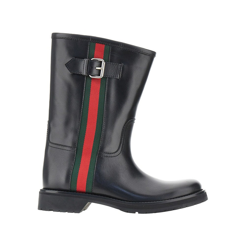 Gucci Gucci Leather Boots with Web Intarsia Black - World Class Fashion