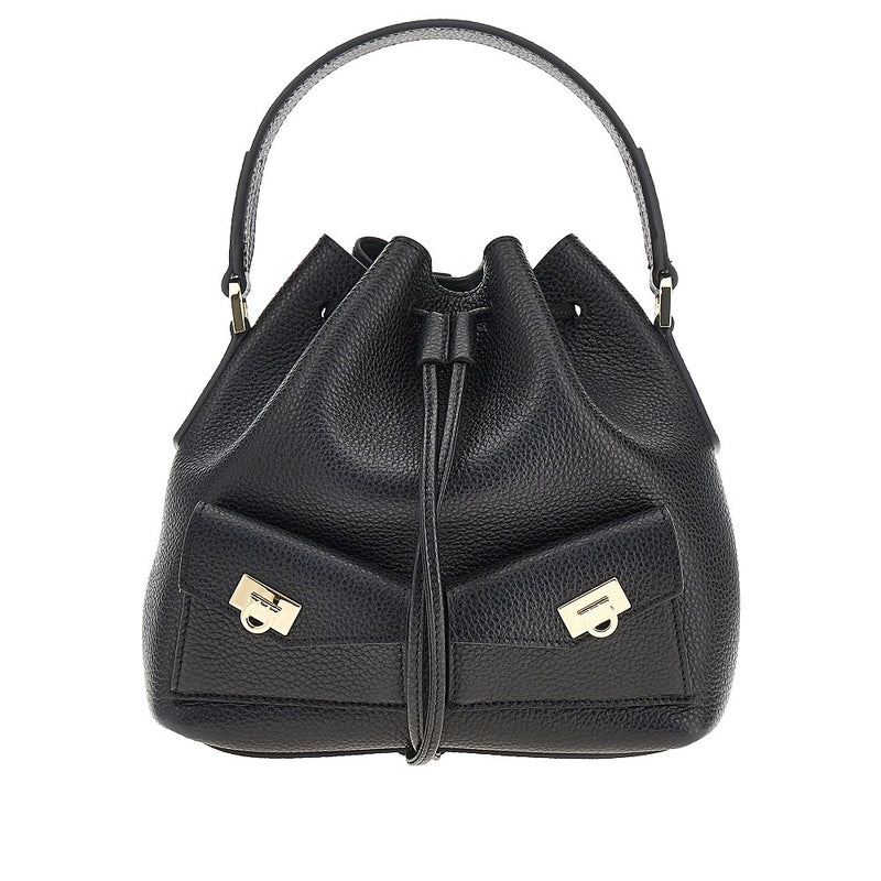 Ferragamo Ferragamo Grained Leather Multipocket Bucket Bag Black - World Class Fashion